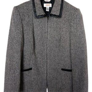 Talbots Jacket Wool Silk Blend Tweed Zip Jacket Leather Trim Lined Sz 8